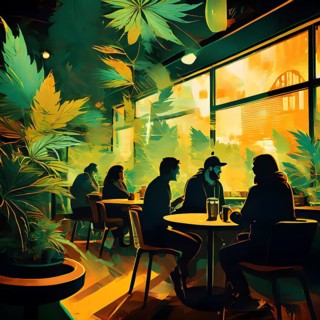 Abstract composition of a cannabis cafe with ambiance bold contrasting colors and playful shapes,