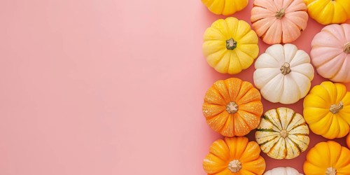 Banner with oange, pink and white pumpkins on side of pastel pink background with copy space.