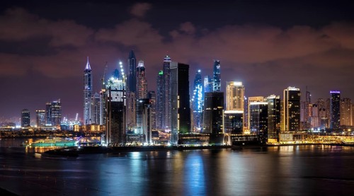 Night shot, skyline with Princess Tower, Elite Residence, luxury yacht OPERA owned by Sheikh