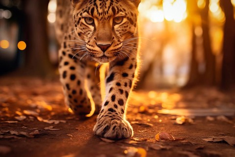 Baby leopard walking with confidence during the golden hour, showcasing its spotted fur and