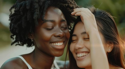 Interracial lesbian LGBTQ couple with long hair and smiling. Concept of inclusivity, AI generated