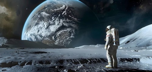An astronaut stands on a lunar-like surface gazing at an immense planet rising, AI generated