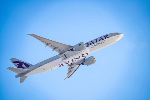 Qatar Cargo Boeing 777F, on take-off at Frankfurt FRA Airport, Fraport, in winter, Hesse, Germany,