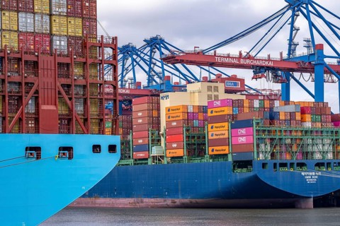 Magleby Maersk container freighter at EUROGATE Container Terminal, Waltershofer Hafen, one of the
