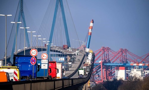 Traffic on the Köhlbrand Bridge in the port of Hamburg, spans the 325 m wide Köhlbrand, an arm of