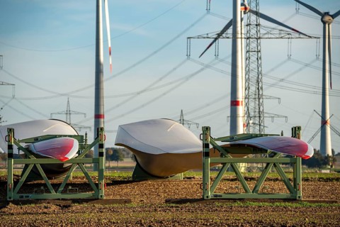 Wind farm near Bad Wünnenberg, construction site, storage area for a new wind turbine, components