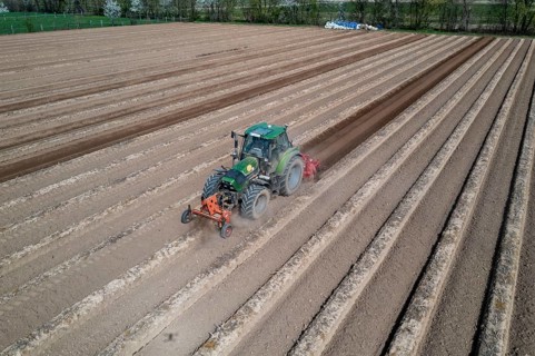 A farmer builds asparagus ridges on a field with the help of an asparagus tiller, in which the