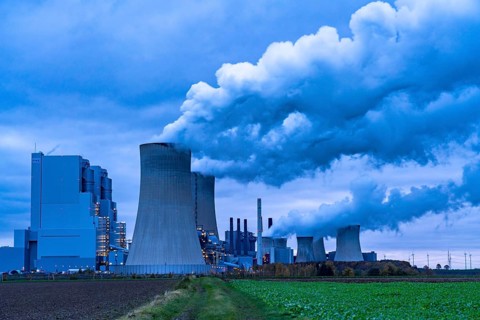Neurath lignite-fired power station, power station units A, E, cooling towers, town of