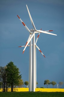 Wind turbines on a rape field, dark rain clouds, in the Rhenish lignite mining area, near
