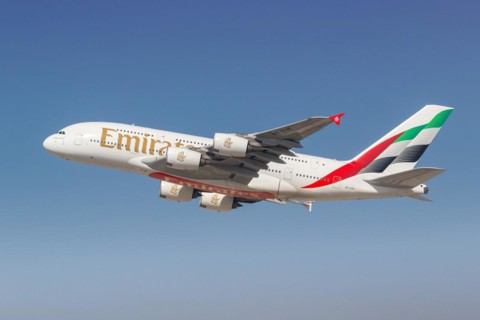 An Emirates Airbus A380-800 aircraft with the registration number A6-EOE at the airport in Dubai,