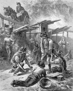 Lunch, lunch break, distribution of polenta in a labour camp, Italian workers building a railway in