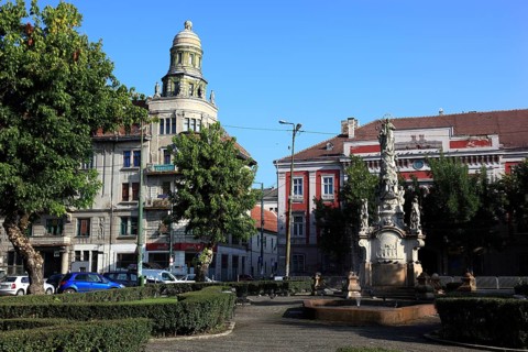 At Piata Libertatii, Freedom Square, Old Town Hall behind the baroque Marian column with St John of