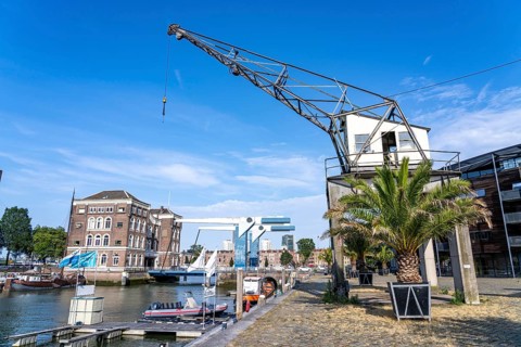 Historic Poortgebouw, with drawbridge, Rotterdam Marina, pleasure craft harbour, sailing boats,