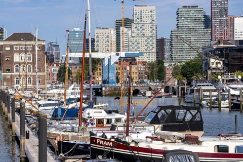 Rotterdam Marina, behind high-rise buildings in the Maritiem District on the other side of the