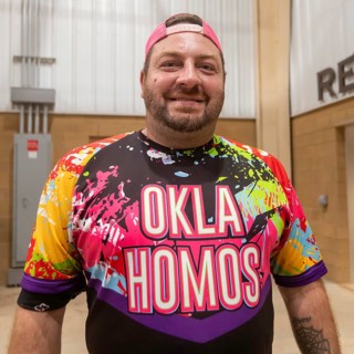 Oklahoma City, Oklahoma, An attendee shows off his shirt at the Great Plains Rodeo, an annual gay