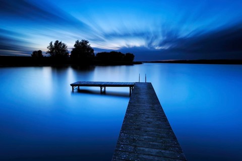 Quiet lake with bathing jetty after sunset, bathing area, Mecklenburg Lake District,
