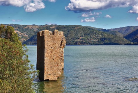 Wallachia, remains of a tower in the Danube near Sivinita, Iron Tor nature park Park, Danube