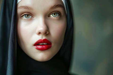 Face of young attractive woman with red lipstick and christian nun habit with veil. Generative Ai,