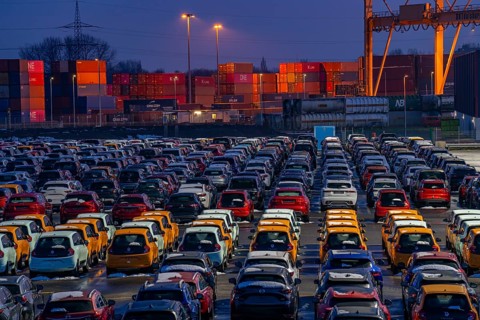 Car terminal in the Logport I inland port, in Duisburg on the Rhine, vehicle handling of new cars,