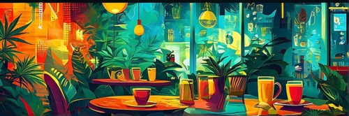 Abstract composition of a cannabis cafe with ambiance bold contrasting colors and playful shapes,