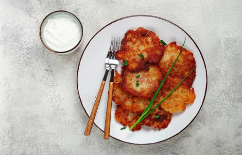 Potato pancakes, pancakes with sour cream, Belarusian dish, homemade, no people