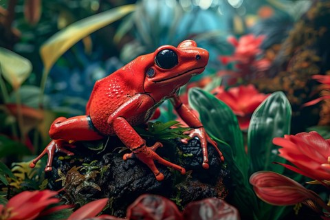Strawberry poison dart frog, Oophaga pumilio, on leaves, AI generated