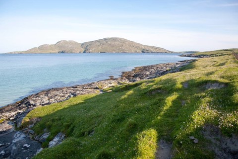 View to Sandray Island from Bagh a Deas, South Bay, Vatersay island, Barra, Outer Hebrides,