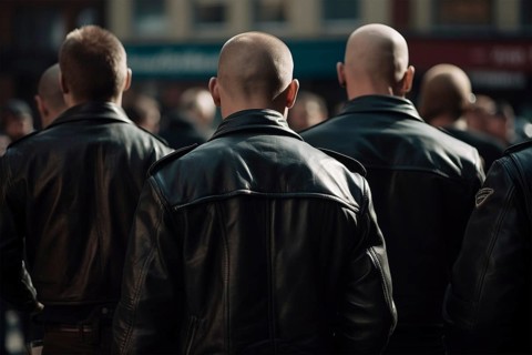 Back view of neo nazis with bald shaved heads and leather jackets at protest. KI generiert,