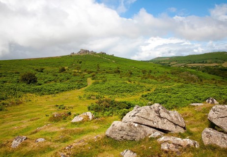 Granite upland landscape Hound Tor, Dartmoor national park, Devon, England, UK