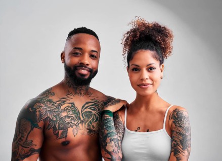 Portrait, tattoo, tattoo, an African-American couple with heavy tattoos on neck and upper body, AI