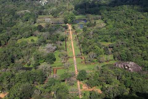 View of water gardens from rock palace fort, Sigiriya, Central Province, Sri Lanka, Asia
