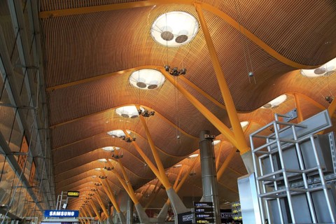 Modern architecture ceiling interior of terminal 4 building, Adolfo Suárez Madrid–Barajas airport,