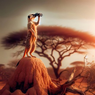 A meerkat peers with binoculars from a termite mound into the African savannah, AI generated, AI