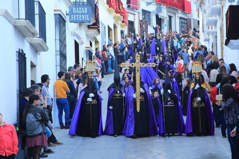 Easter Christian religious procession through streets of Setenil de las Bodegas, Cadiz province,