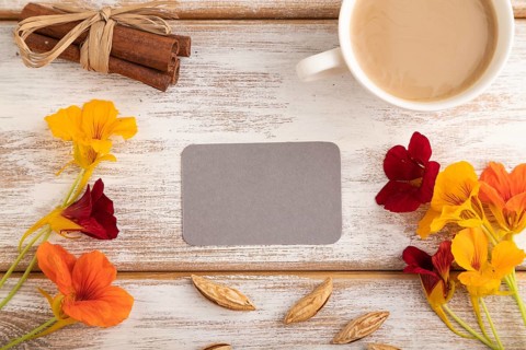 Gray paper business card mockup with orange nasturtium flower and cup of coffee on white wooden