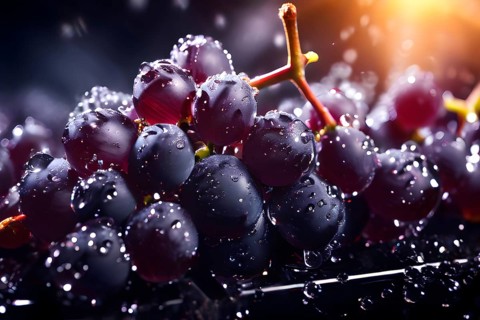 Harvest ready grape bunches with water droplets sparkling in the sunlight, AI generated