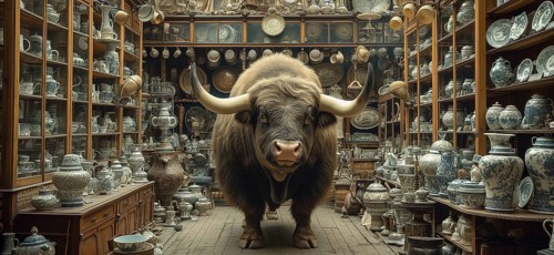 Very large bull with horns in a China shop filled with glassware. generative AI, AI generated