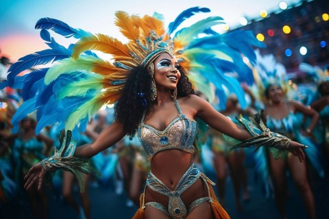 Captivating image capturing the essence of the Rio Carnival, showcasing a dancer adorned in an