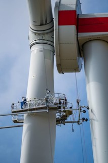 Maintenance work, repairs to a rotor of an Enercon wind turbine, in a wind farm east of Bad