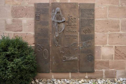 Memorial plaque at the grave site of the humanist Carita Pirkheimer, former monastery courtyard of
