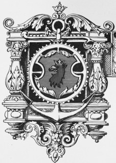 Szczecin, Poland, emblem, symbol, lion, crown, ornamentation, historical illustration 1880, Europe