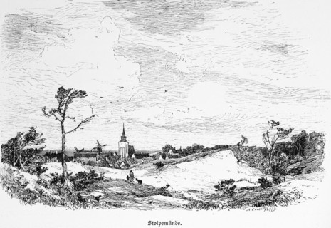 Stolpemünde or Ustka behind the sand dunes, Baltic Sea, Poland, village, church, windmill, dune