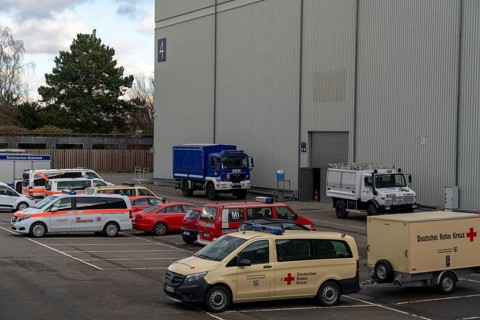 Construction of a vaccination centre for corona vaccinations, in a hall at Messe Essen, by the