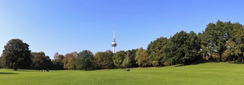 The large play area in Luisenpark Mannheim, with the telecommunications tower in the background