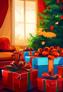 Abstract illustration of wrapped Christmas gifts, shiny ribbons and bows, stacked under a evergreen