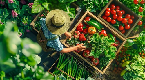 Farmer picking tomatoes from a crate. The scene is set in a garden with a variety of vegetables, AI