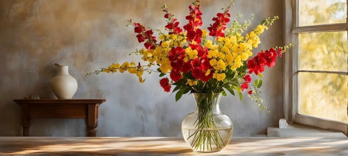Transparent crystal glass vase with vibrant blooming flowers, AI generated