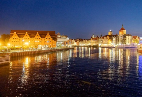 Panorama of the harbour district on the Motlawa river, Motlawa, in the city centre of Gdansk,