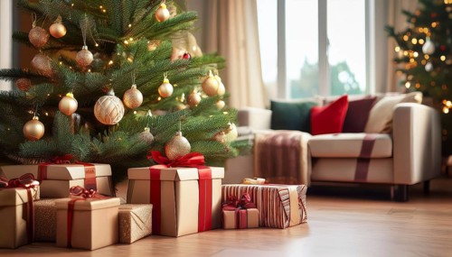 Presents lying under a decorated Christmas tree in a modern living room, AI-generated image, AI
