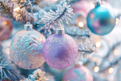 Close up of beautiful iridescent bauble ornaments on branches of white christmas tree. Generative